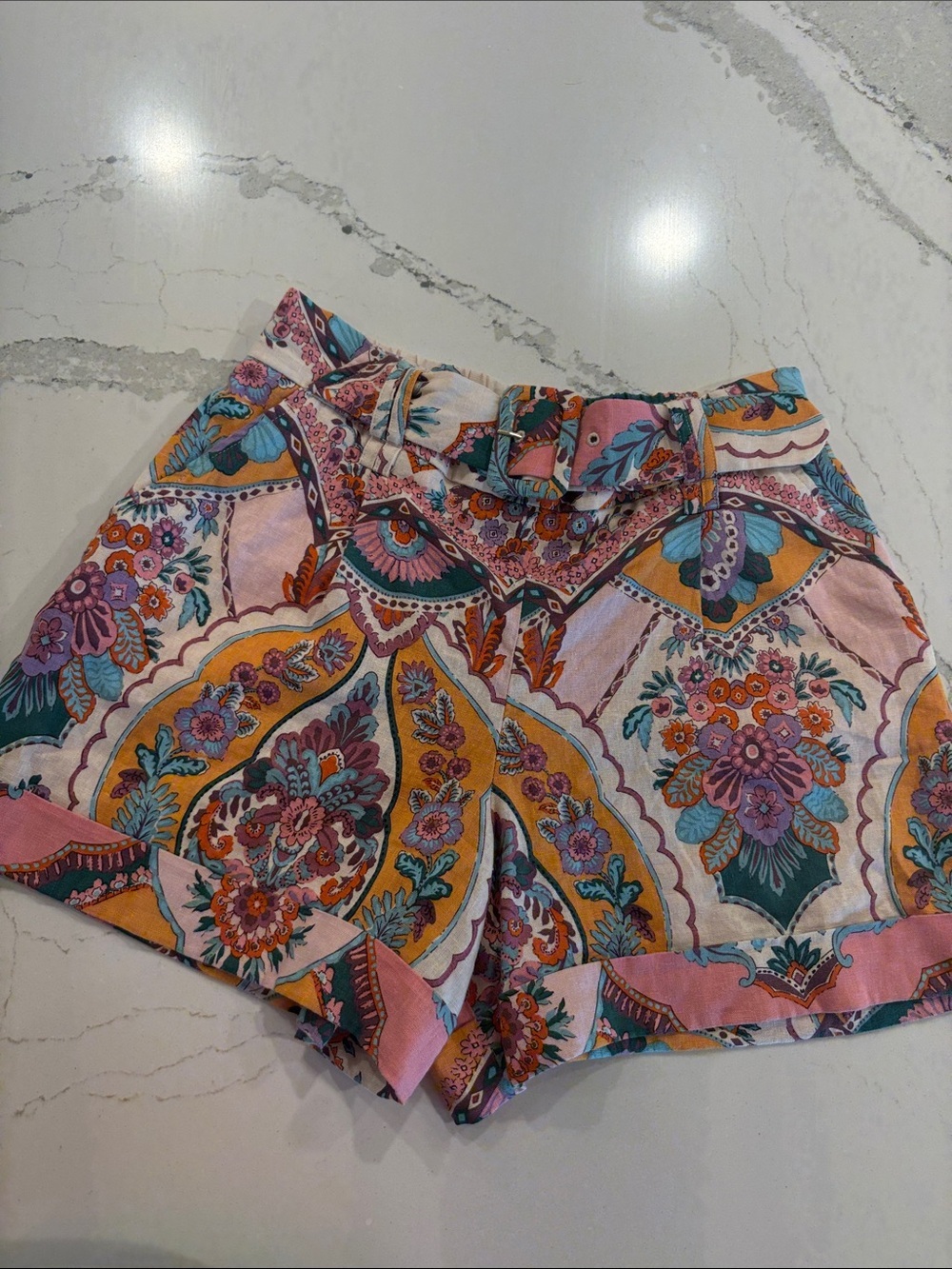 Boho Floral Print High-Waist Shorts - Pink Multi waist 15-17 4.5 rise length 14